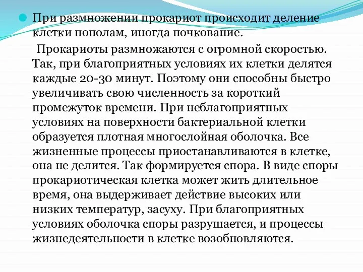 При размножении прокариот происходит деление клетки пополам, иногда почкование. Прокариоты размножаются