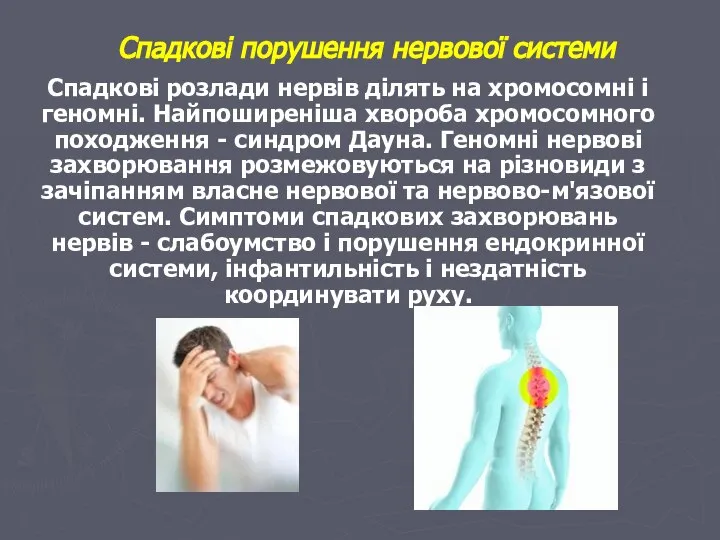 Спадкові порушення нервової системи Спадкові розлади нервів ділять на хромосомні і