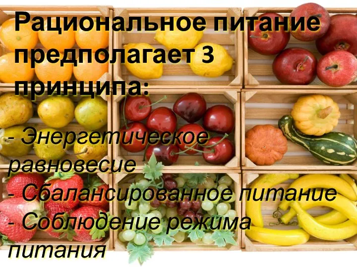 Рациональное питание предполагает 3 принципа: - Энергетическое равновесие - Сбалансированное питание - Соблюдение режима питания