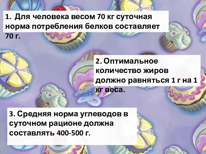 1. Для человека весом 70 кг суточная норма потребления белков составляет