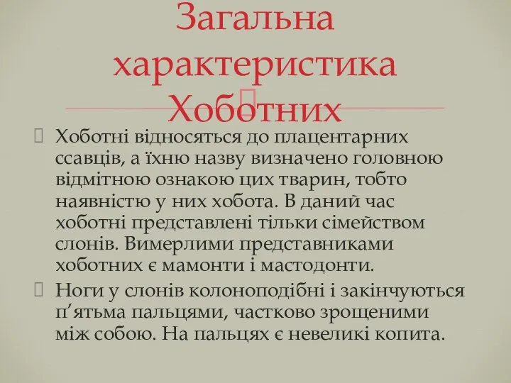 Хоботні відносяться до плацентарних ссавців, а їхню назву визначено головною відмітною