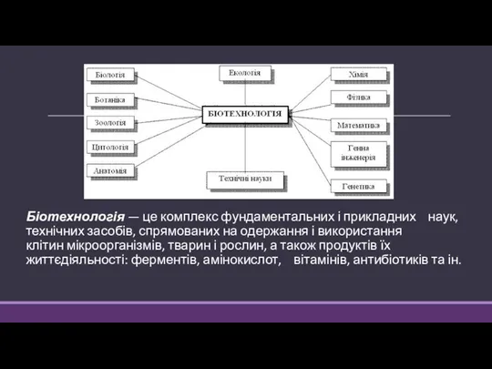 Біотехнологія — це комплекс фундаментальних і прикладних наук, технічних засобів, спрямованих