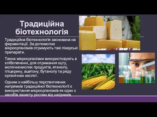 Традиційна біотехнологія Традиційна біотехнологія заснована на ферментації. За допомогою мікроорганізмів отримують