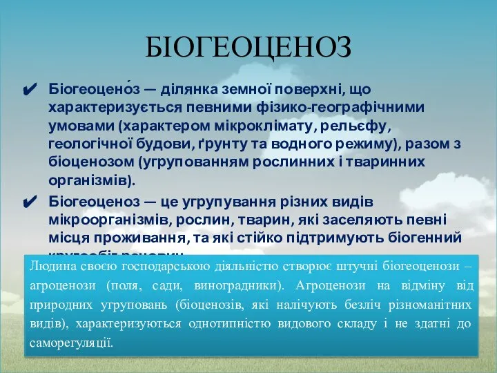 БІОГЕОЦЕНОЗ Біогеоцено́з — ділянка земної поверхні, що характеризується певними фізико-географічними умовами