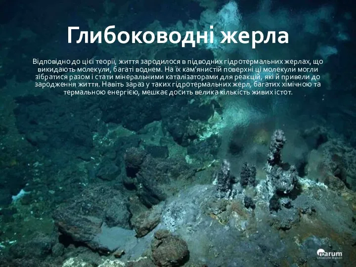 Глибоководні жерла Відповідно до цієї теорії, життя зародилося в підводних гідротермальних