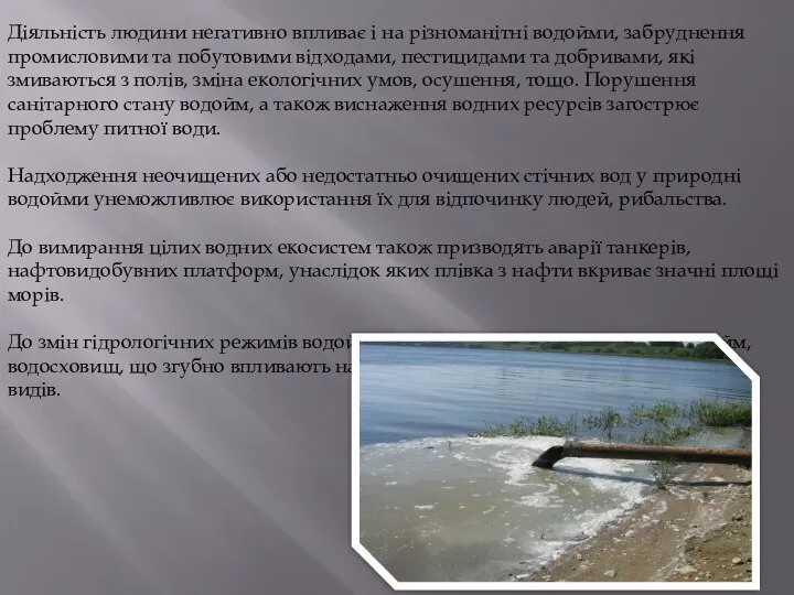 Діяльність людини негативно впливає і на різноманітні водойми, забруднення промисловими та