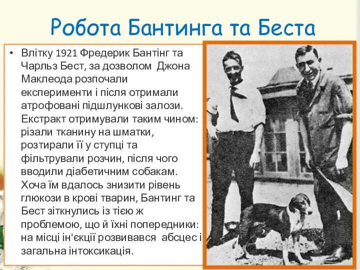 Робота Бантинга та Беста Влітку 1921 Фредерик Бантінг та Чарльз Бест,