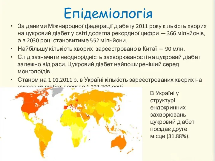 Епідеміологія За даними Міжнародної федерації діабету 2011 року кількість хворих на