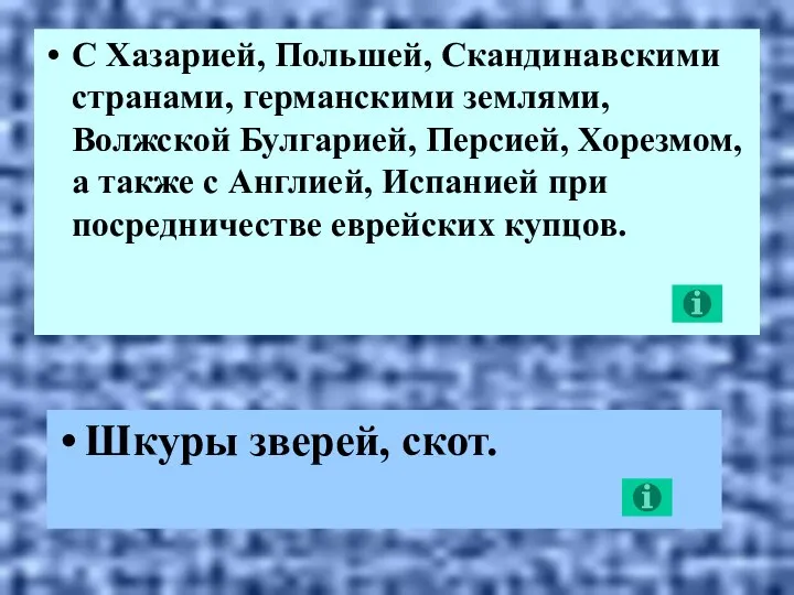 С Хазарией, Польшей, Скандинавскими странами, германскими землями, Волжской Булгарией, Персией, Хорезмом,