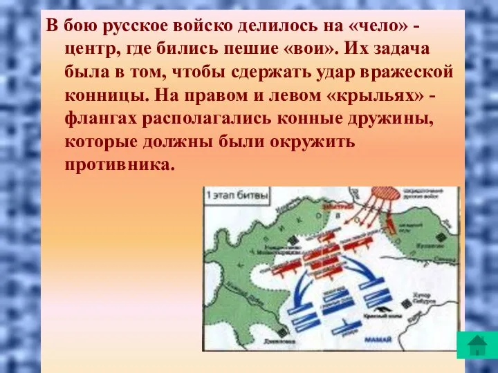 В бою русское войско делилось на «чело» - центр, где бились