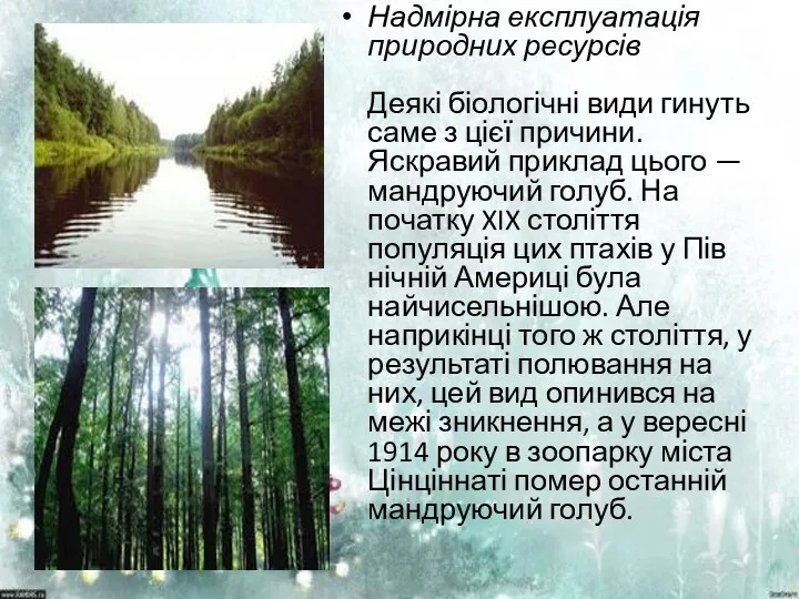 Надмірна експлуатація природних ресурсів Деякі біологічні види гинуть саме з цієї