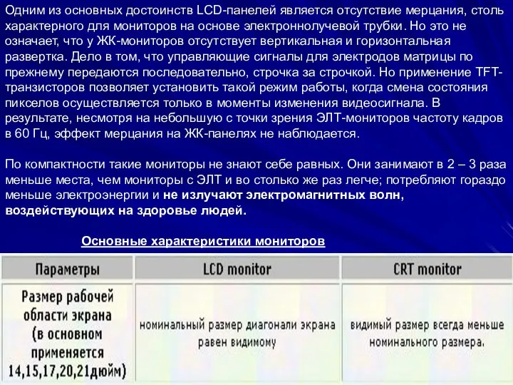 Одним из основных достоинств LCD-панелей является отсутствие мерцания, столь характерного для