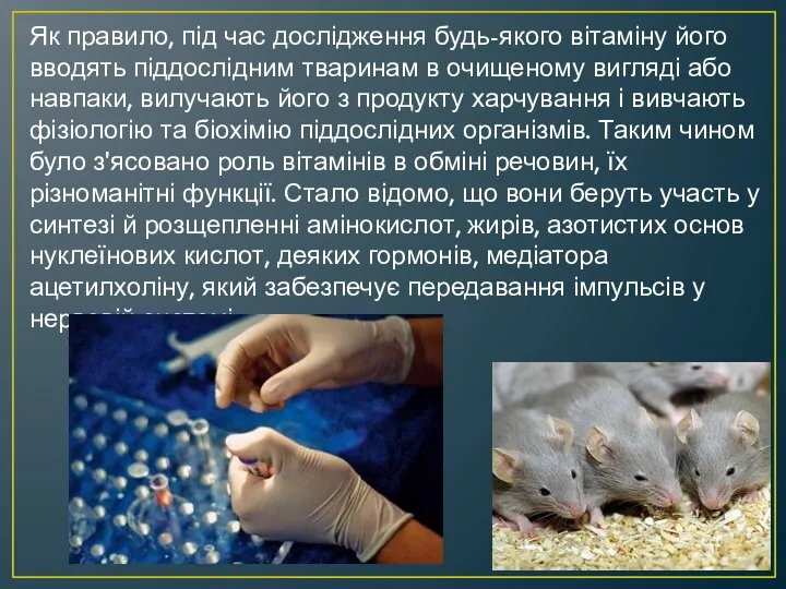 Як правило, під час дослідження будь-якого вітаміну його вводять піддослідним тваринам