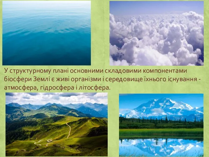 У структурному плані основними складовими компонентами біосфери Землі є живі організми