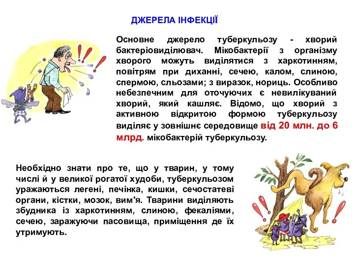 ДЖЕРЕЛА ІНФЕКЦІЇ Основне джерело туберкульозу - хворий бактеріовиділювач. Мікобактерії з організму