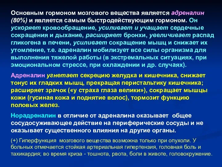 Основным гормоном мозгового вещества является адреналин (80%) и является самым быстродействующим