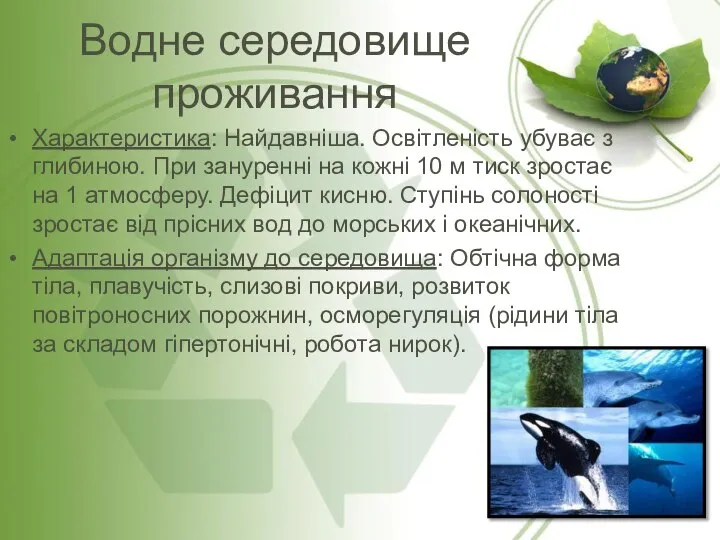 Водне середовище проживання Характеристика: Найдавніша. Освітленість убуває з глибиною. При зануренні