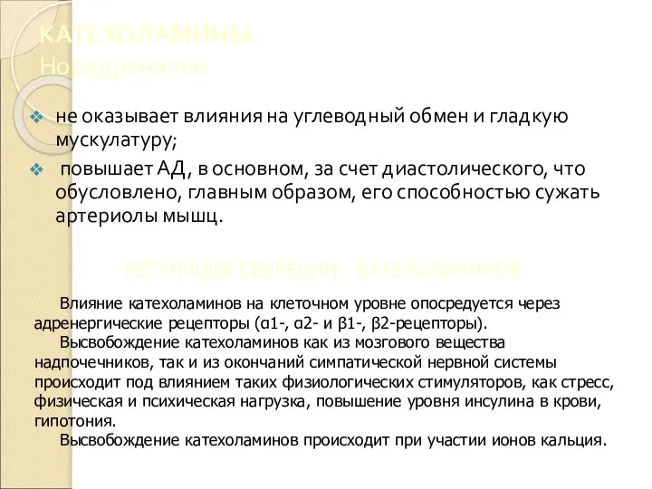 КАТЕХОЛАМИНЫ. Норадреналин не оказывает влияния на углеводный обмен и гладкую мускулатуру;