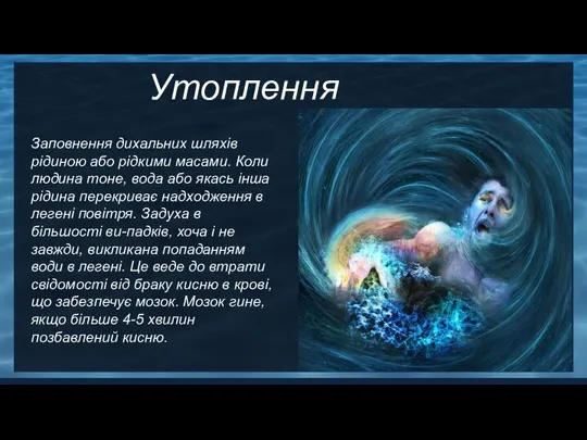 Утоплення Заповнення дихальних шляхів рідиною або рідкими масами. Коли людина тоне,