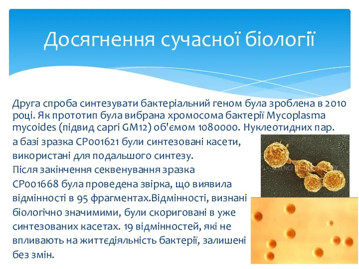 Друга спроба синтезувати бактеріальний геном була зроблена в 2010 році. Як