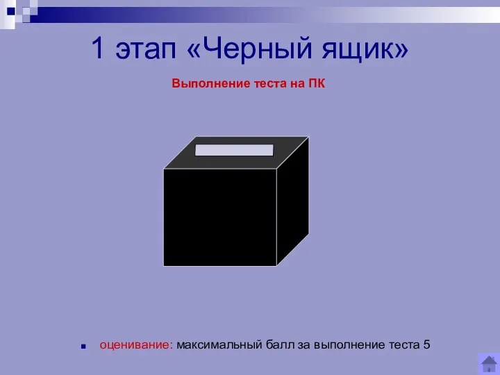 1 этап «Черный ящик» оценивание: максимальный балл за выполнение теста 5 Выполнение теста на ПК