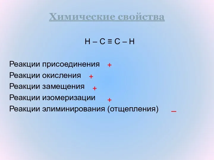 Химические свойства H – C ≡ C – H Реакции присоединения