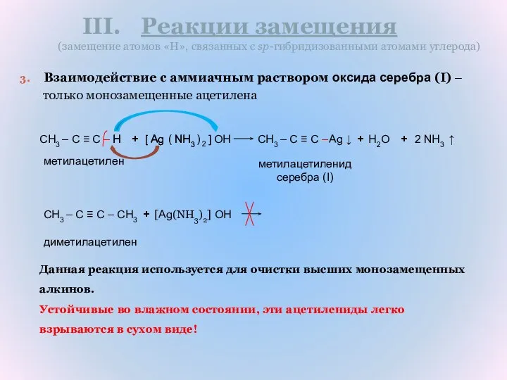 Реакции замещения (замещение атомов «H», связанных с sp-гибридизованными атомами углерода) Взаимодействие