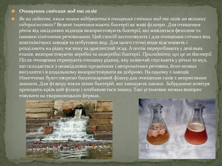 Очищення стічних вод та газів Як ви гадаєте, яким чином відбувається