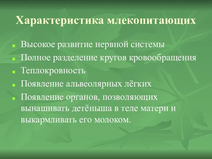 Характеристика млекопитающих Высокое развитие нервной системы Полное разделение кругов кровообращения Теплокровность