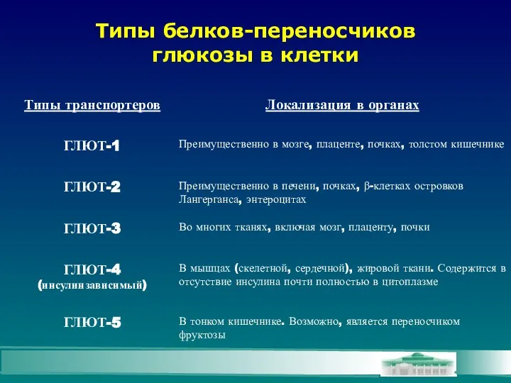 Типы белков-переносчиков глюкозы в клетки