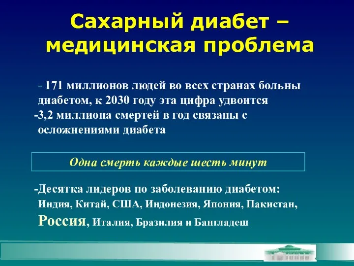 Сахарный диабет –медицинская проблема - 171 миллионов людей во всех странах