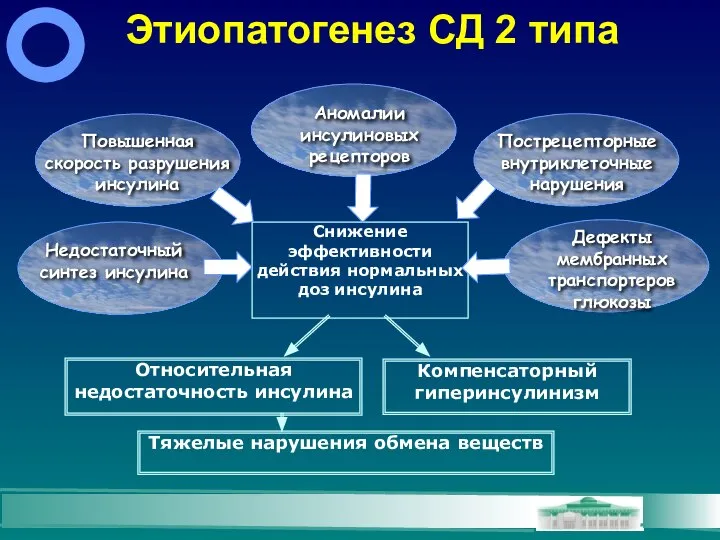 Снижение эффективности действия нормальных доз инсулина Этиопатогенез СД 2 типа Относительная