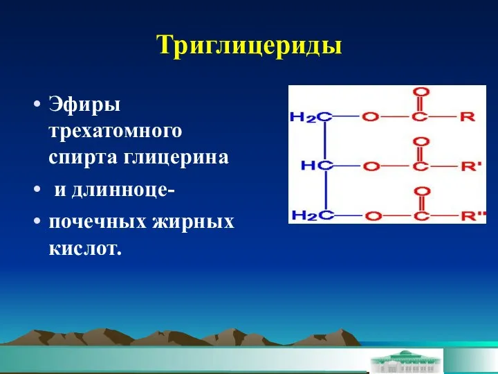 Триглицериды Эфиры трехатомного спирта глицерина и длинноце- почечных жирных кислот.