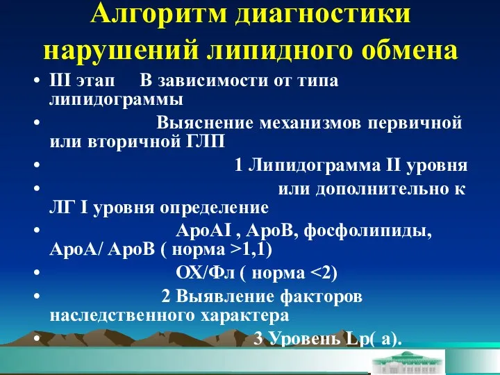 Алгоритм диагностики нарушений липидного обмена III этап В зависимости от типа