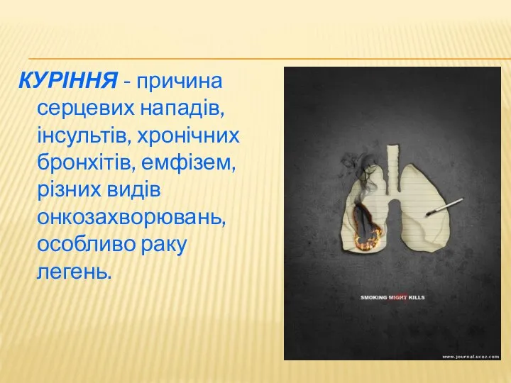 КУРІННЯ - причина серцевих нападів, інсультів, хронічних бронхітів, емфізем, різних видів онкозахворювань, особливо раку легень.