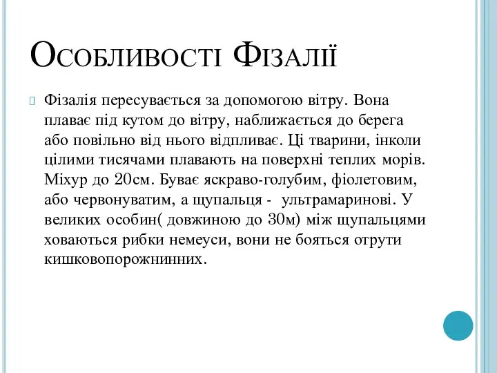 Особливості Фізалії Фізалія пересувається за допомогою вітру. Вона плаває під кутом