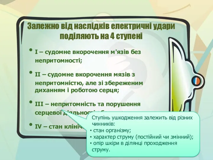 Залежно від наслідків електричні удари поділяють на 4 ступені І –