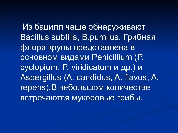 Из бацилл чаще обнаруживают Bacillus subtilis, B.pumilus. Грибная флора крупы представлена