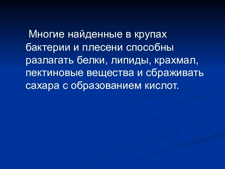 Многие найденные в крупах бактерии и плесени способны разлагать белки, липиды,