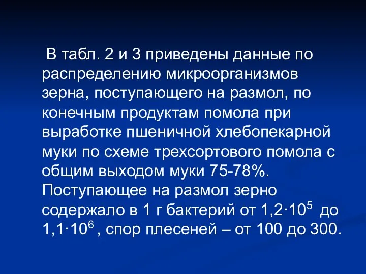 В табл. 2 и 3 приведены данные по распределению микроорганизмов зерна,