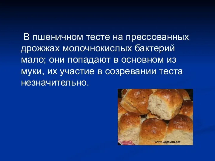 В пшеничном тесте на прессованных дрожжах молочнокислых бактерий мало; они попадают