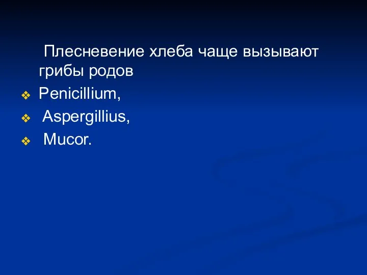 Плесневение хлеба чаще вызывают грибы родов Penicillium, Aspergillius, Mucor.