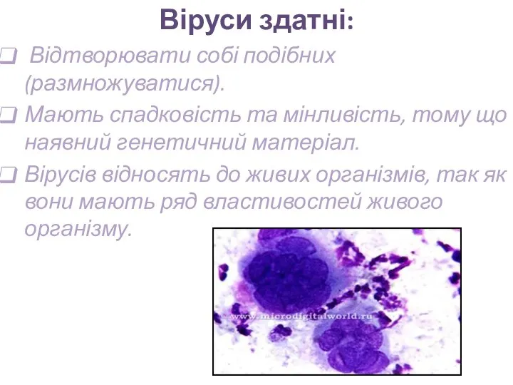 Віруси здатні: Відтворювати собі подібних (размножуватися). Мають спадковість та мінливість, тому