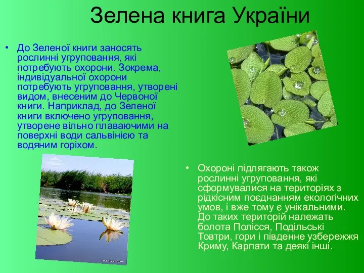 Зелена книга України До Зеленої книги заносять рослинні угруповання, які потребують