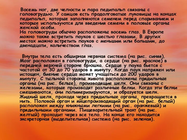 Восемь ног, две челюсти и пара педипальп связаны с головогрудью. У