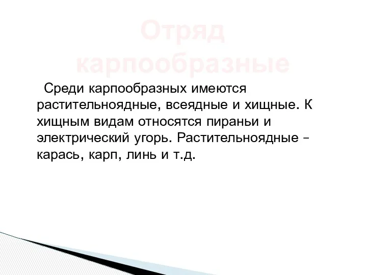 Среди карпообразных имеются растительноядные, всеядные и хищные. К хищным видам относятся