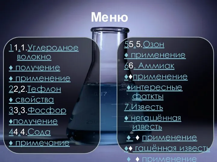 Меню 11.1.Углеродное волокно ♦ получение ♦ применение 22.2.Тефлон ♦ свойства 33.3.Фосфор