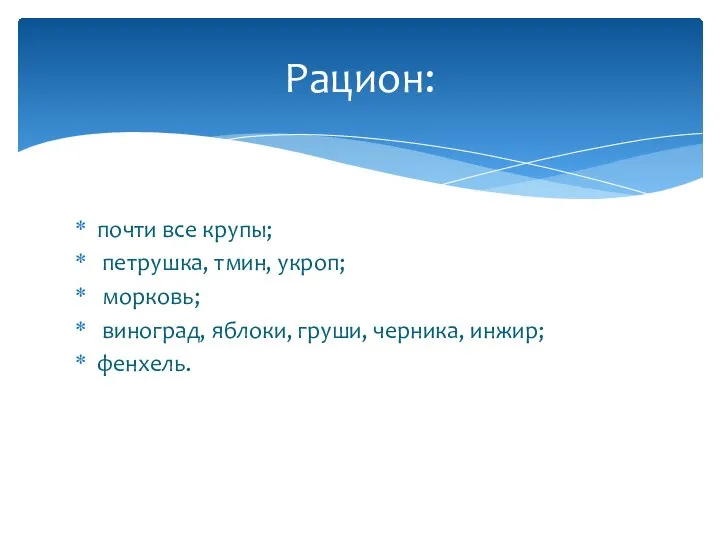 почти все крупы; петрушка, тмин, укроп; морковь; виноград, яблоки, груши, черника, инжир; фенхель. Рацион: