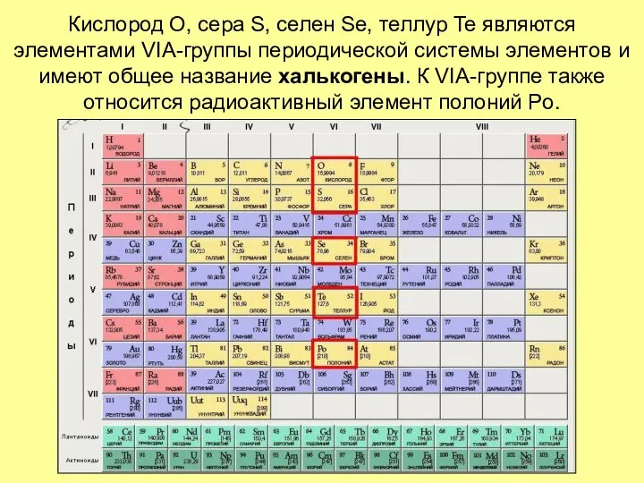 Кислород O, сера S, селен Se, теллур Te являются элементами VIА-группы