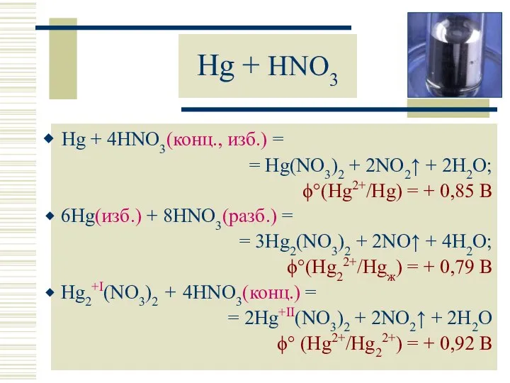 Hg + HNO3 Hg + 4HNO3(конц., изб.) = = Hg(NO3)2 +